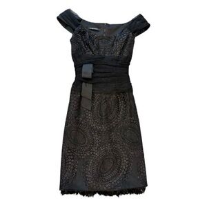 Gustavo Cadile Black Embroidered Couture Cocktail Dress Feather Trim
